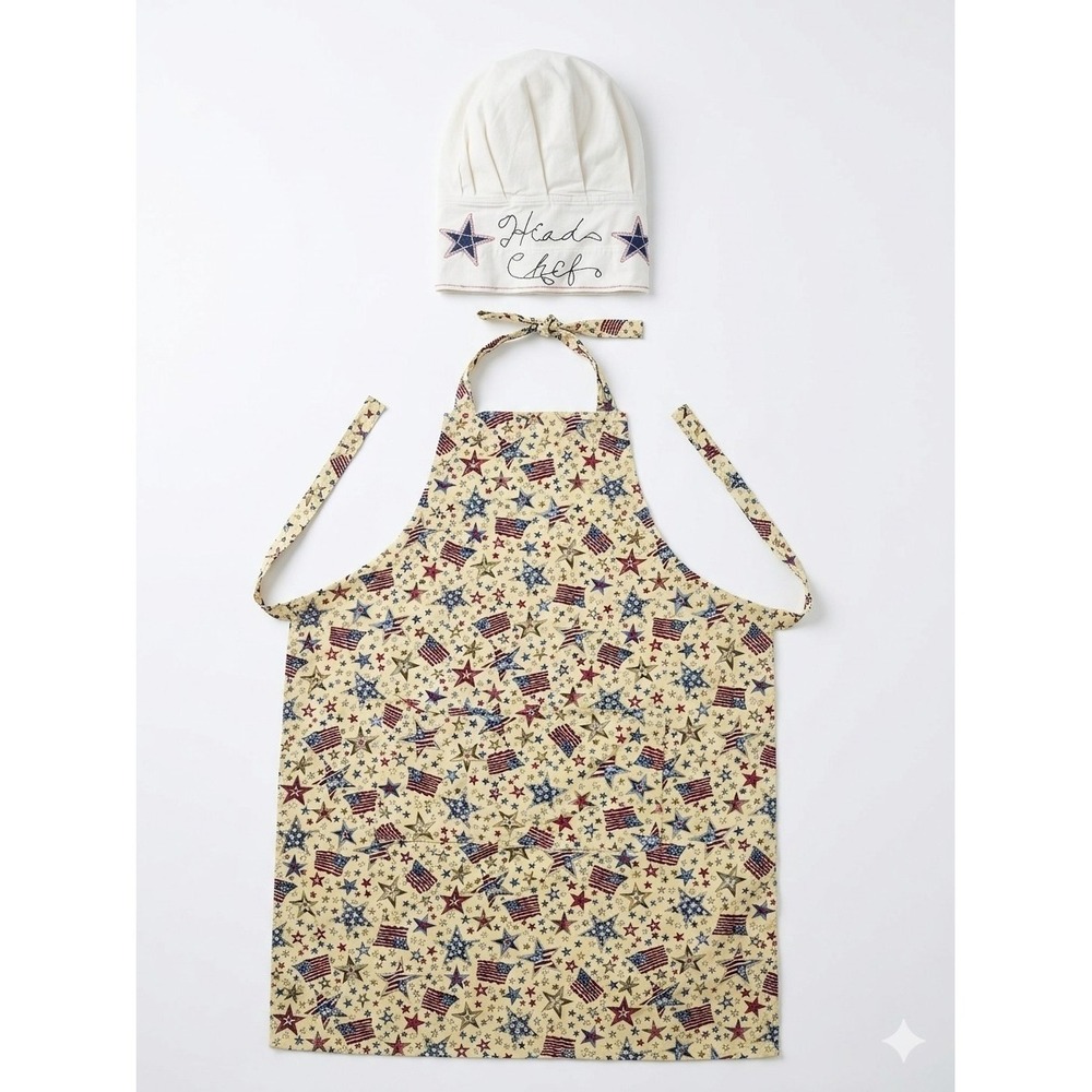 Patriotic Chef Hat Apron Set Americana US Flag Stars BBQ Grilling Head Chef Vtg
